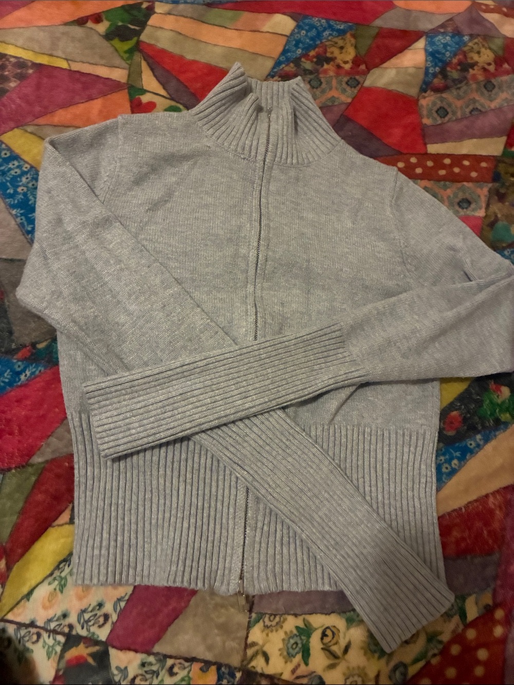 Light Gray Zip-Up Ribbed Mock Neck Sweater Jacket